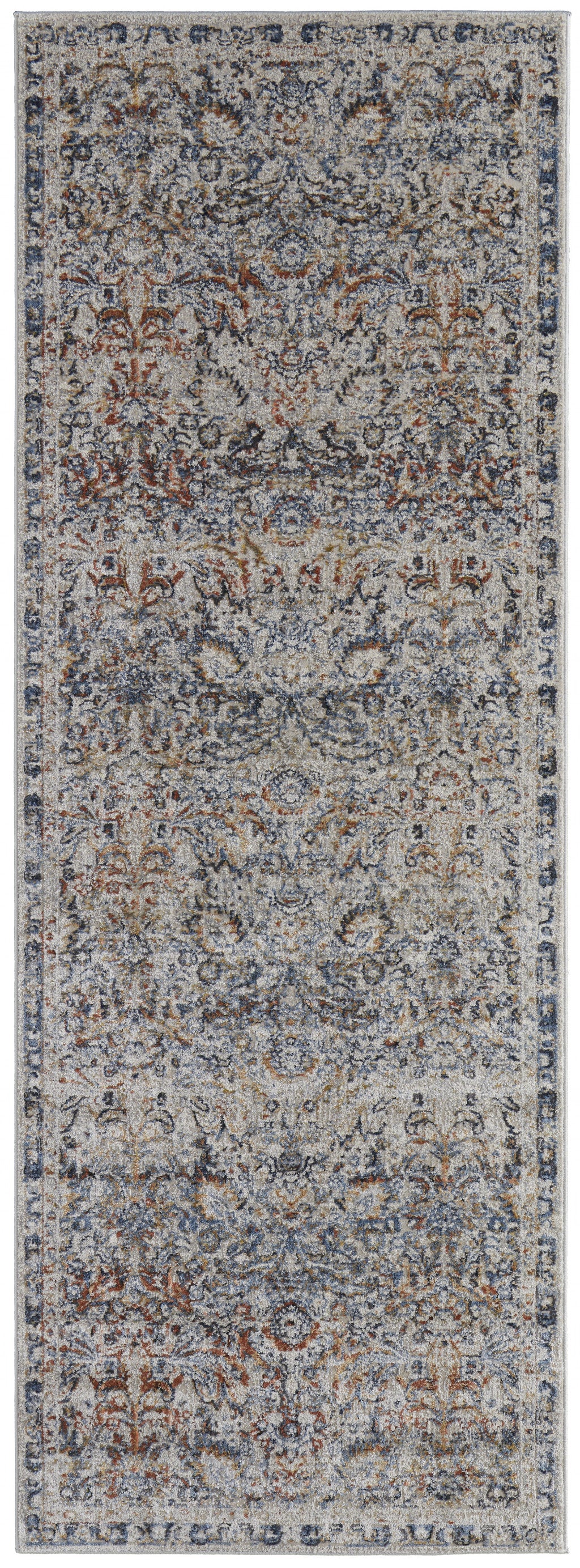 5' X 8' Tan Blue And Orange Floral Power Loom Distressed Area Rug With Fringe