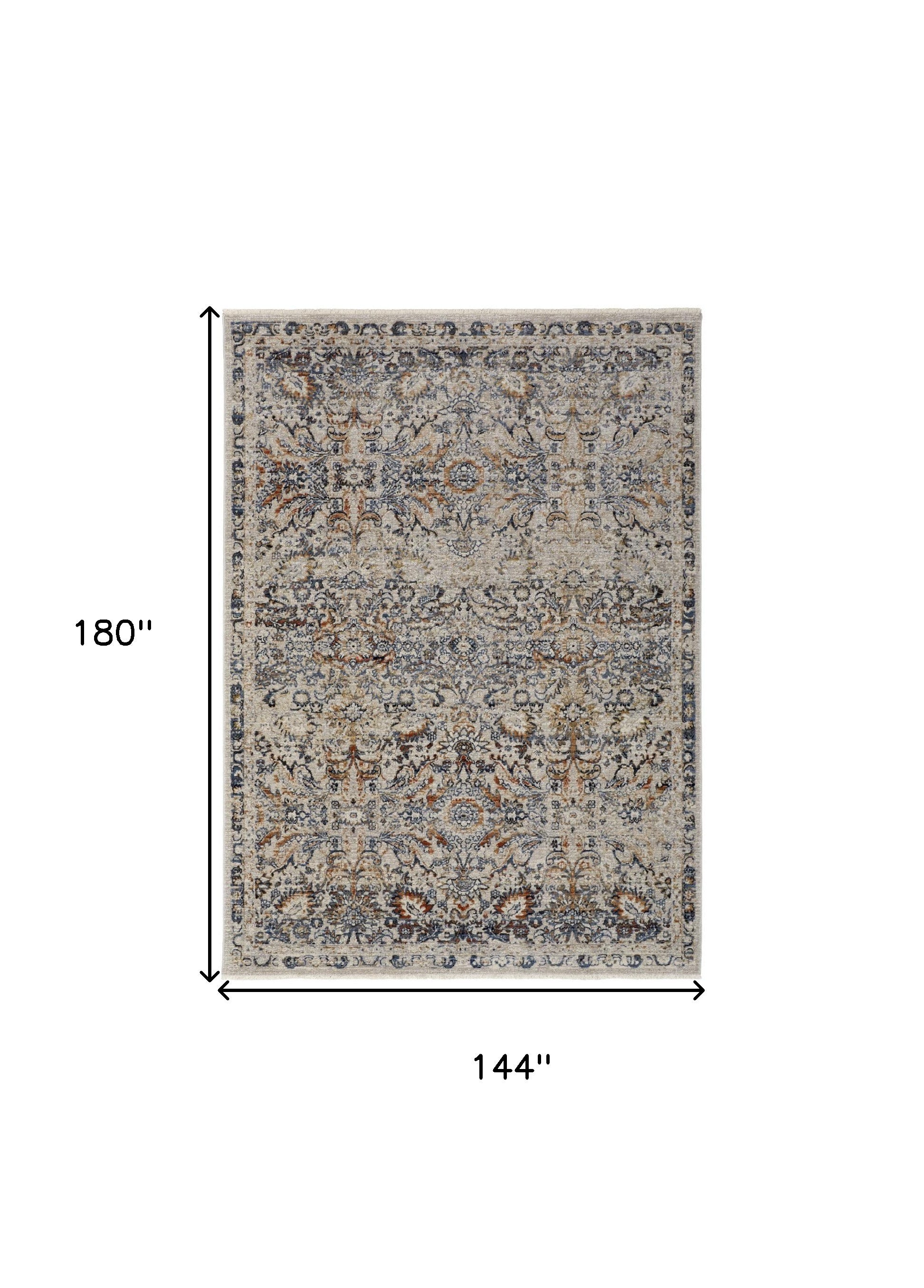 5' X 8' Tan Blue And Orange Floral Power Loom Distressed Area Rug With Fringe