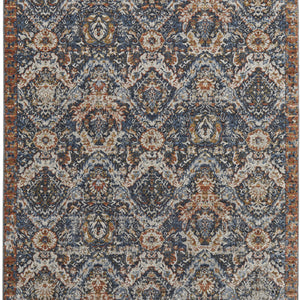 5' X 8' Blue Orange And Ivory Floral Power Loom Area Rug With Fringe