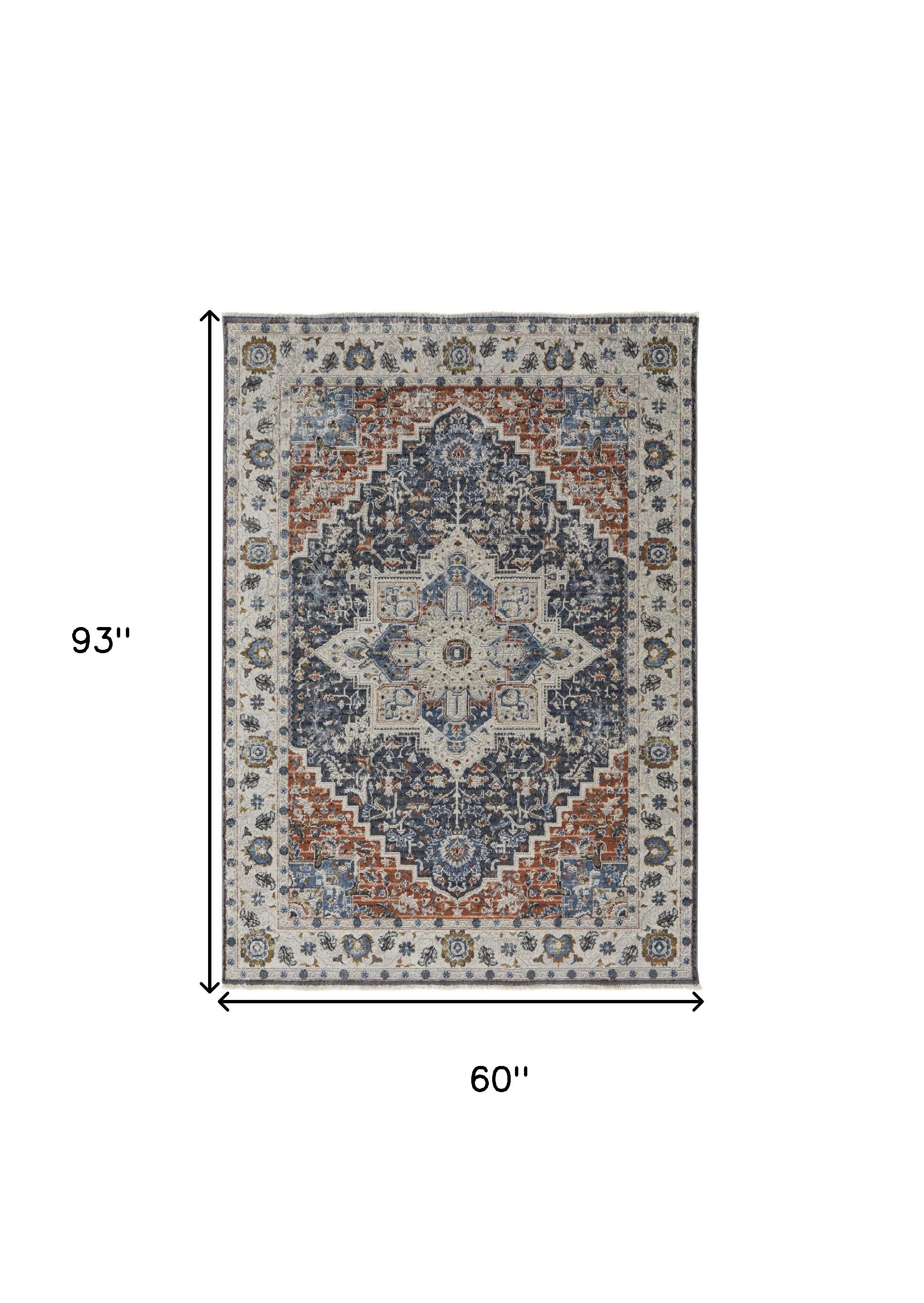 5' X 8' Ivory Blue And Red Floral Power Loom Area Rug With Fringe