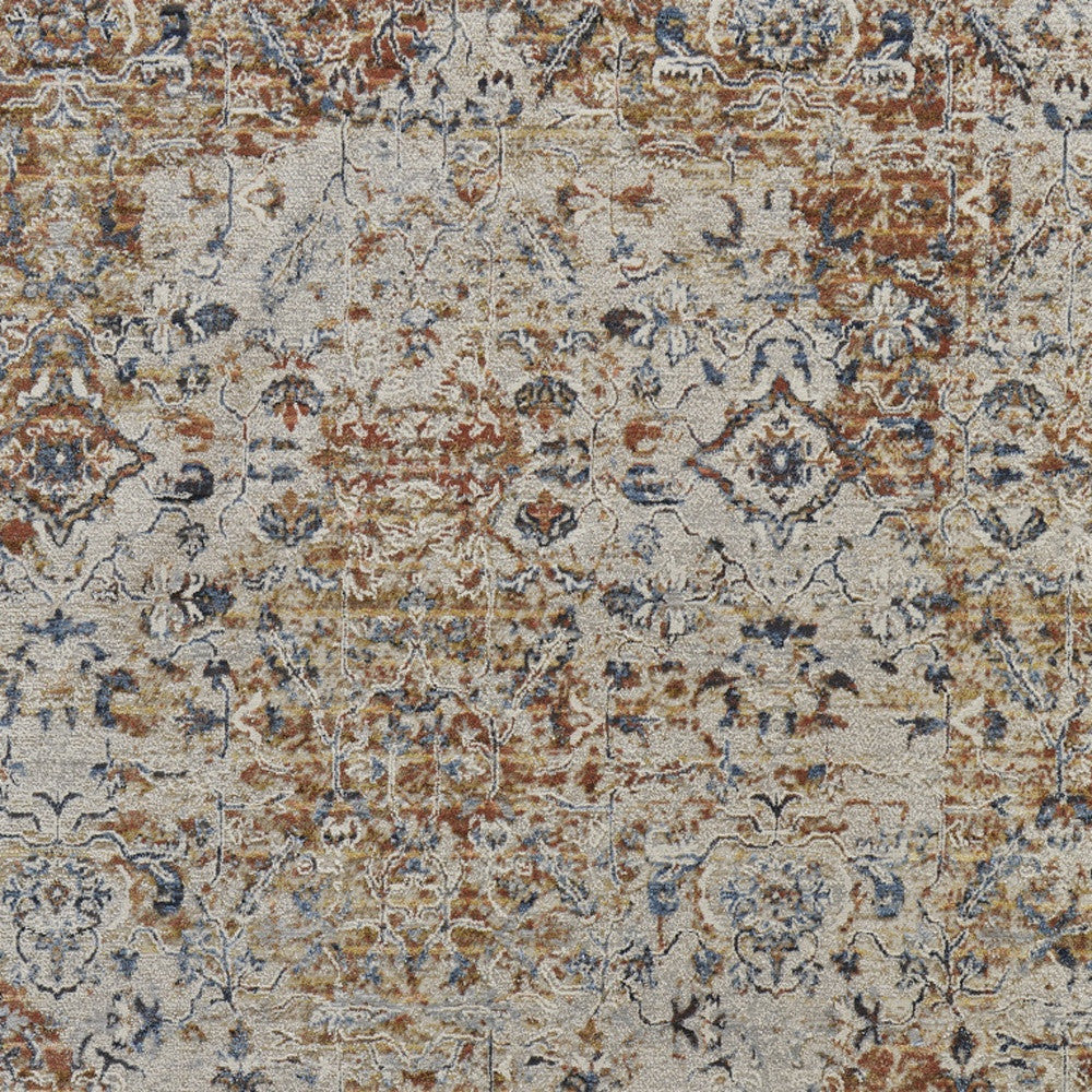 5' X 8' Tan Ivory And Orange Floral Power Loom Area Rug With Fringe