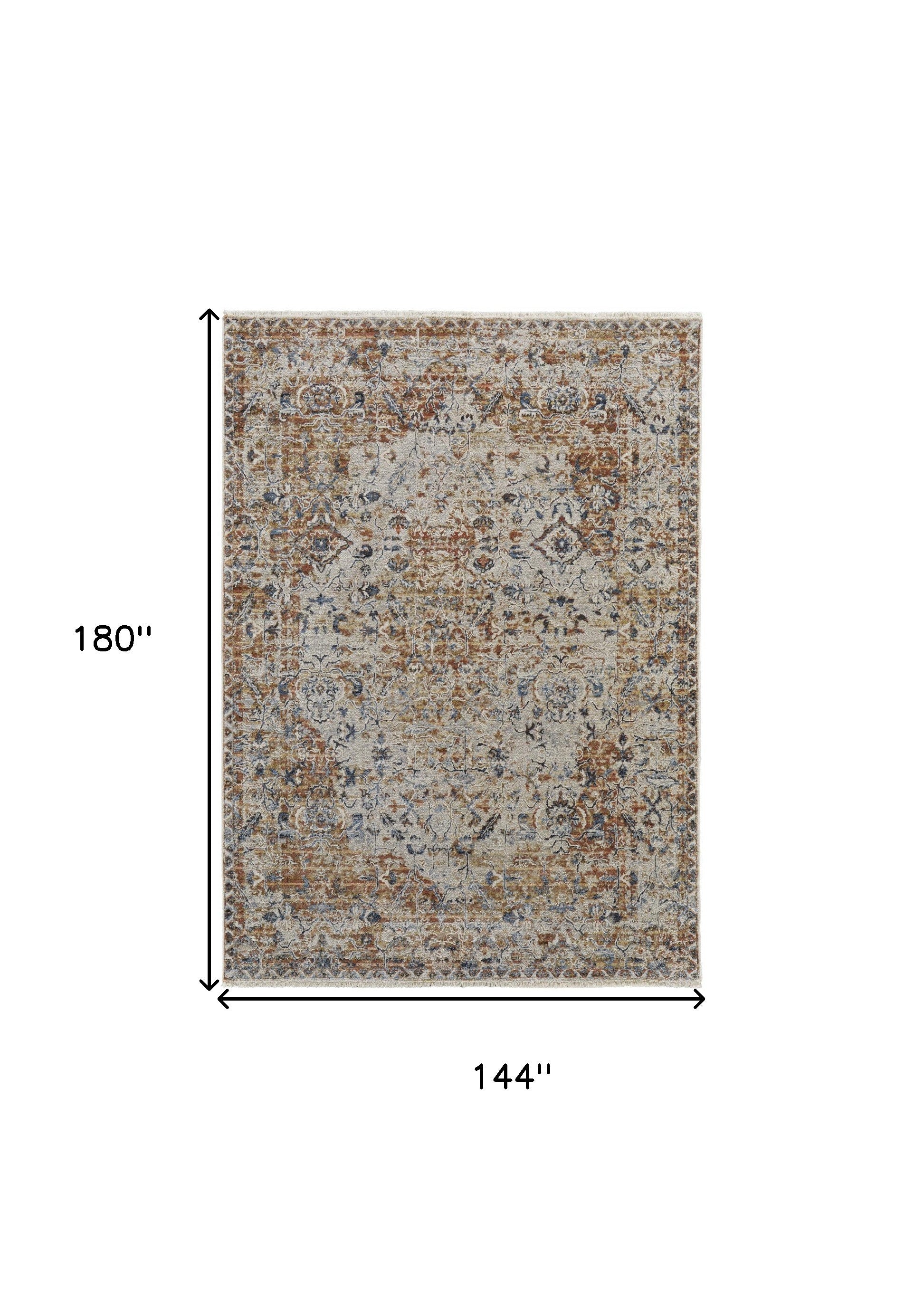 5' X 8' Tan Ivory And Orange Floral Power Loom Area Rug With Fringe