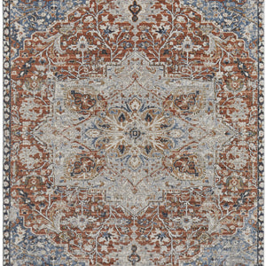 5' X 8' Orange Ivory And Blue Floral Power Loom Area Rug With Fringe