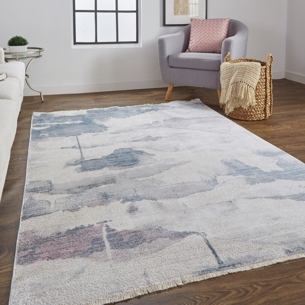 5' X 7' Ivory Blue And Pink Abstract Stain Resistant Area Rug