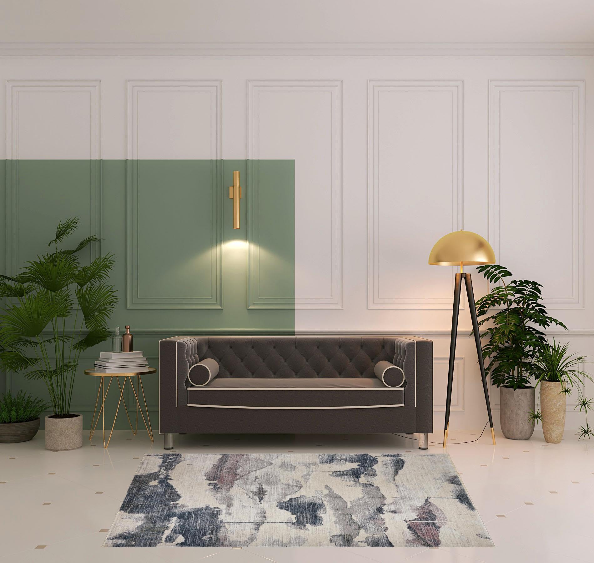 5' X 7' Ivory Blue And Pink Abstract Stain Resistant Area Rug