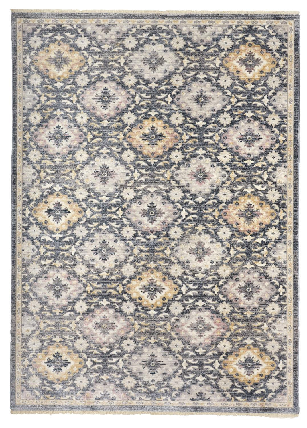 Blue And Gold Floral Stain Resistant Area Rug - 4' x 6'