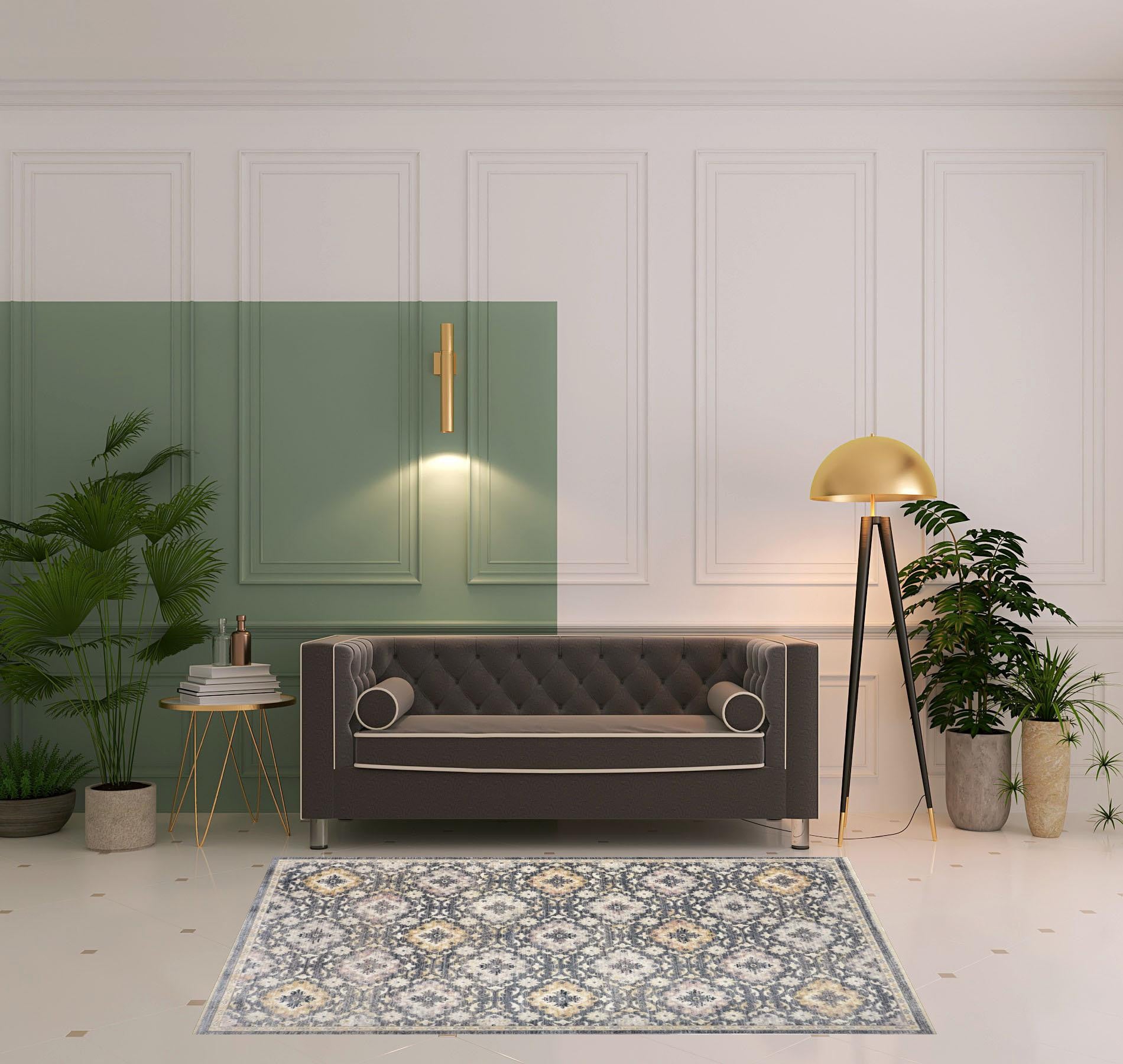 Blue And Gold Floral Stain Resistant Area Rug - 4' x 6'