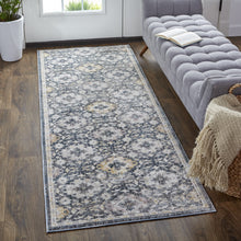 Blue And Gold Floral Stain Resistant Area Rug - 4' x 6'
