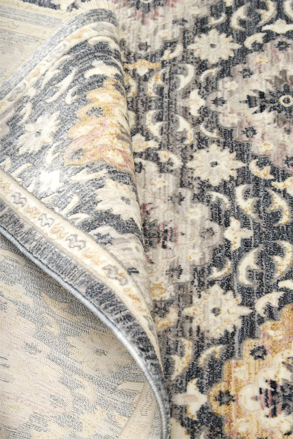 Blue And Gold Floral Stain Resistant Area Rug - 4' x 6'