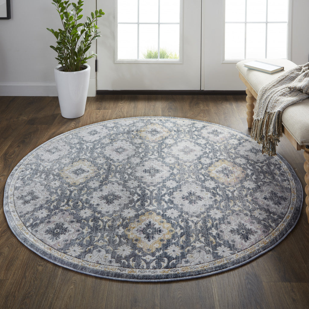Blue And Gold Floral Stain Resistant Area Rug - 4' x 6'