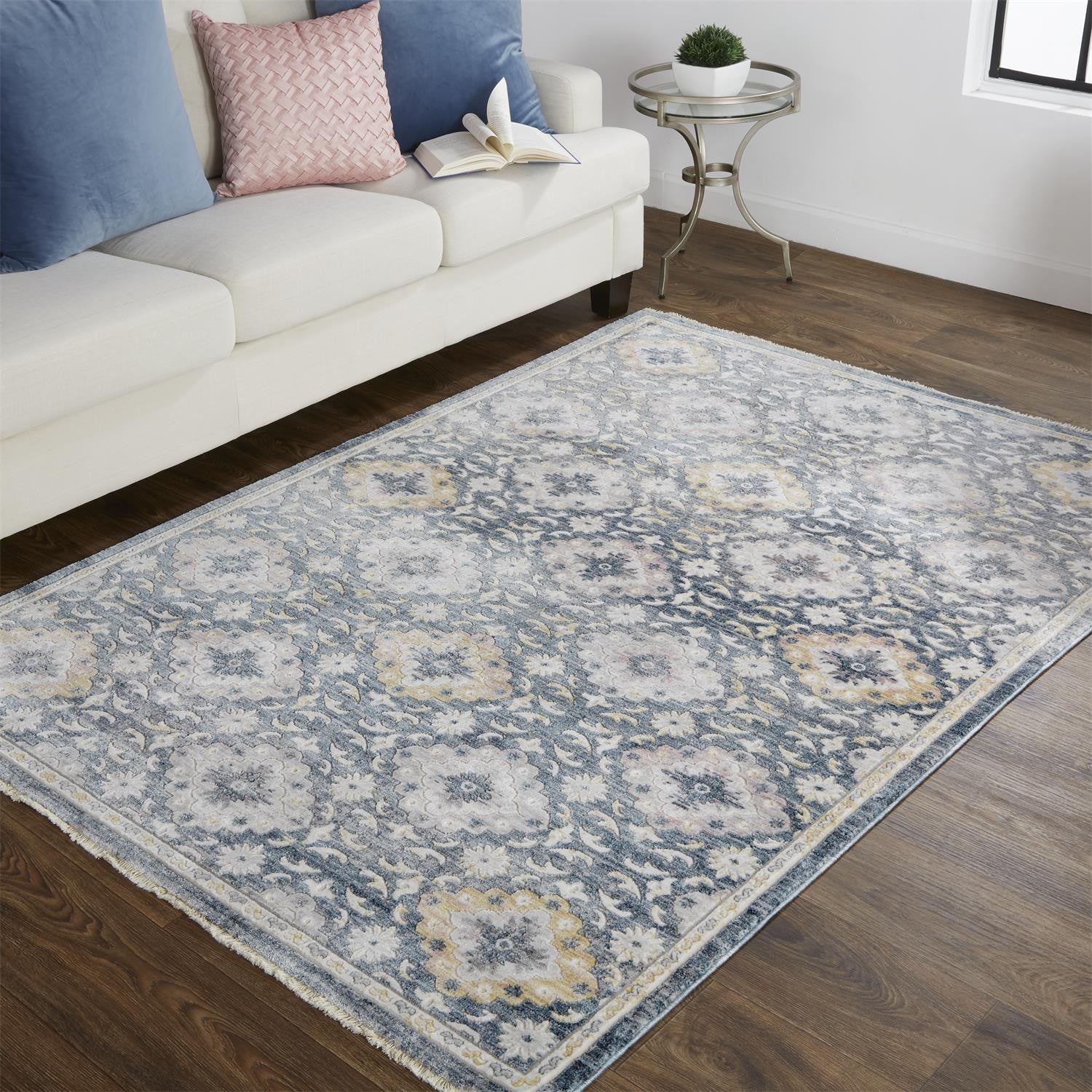 Blue And Gold Floral Stain Resistant Area Rug - 4' x 6'