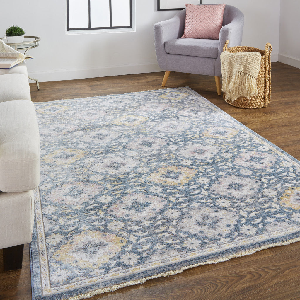 Blue And Gold Floral Stain Resistant Area Rug - 4' x 6'