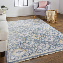 Blue And Gold Floral Stain Resistant Area Rug - 4' x 6'