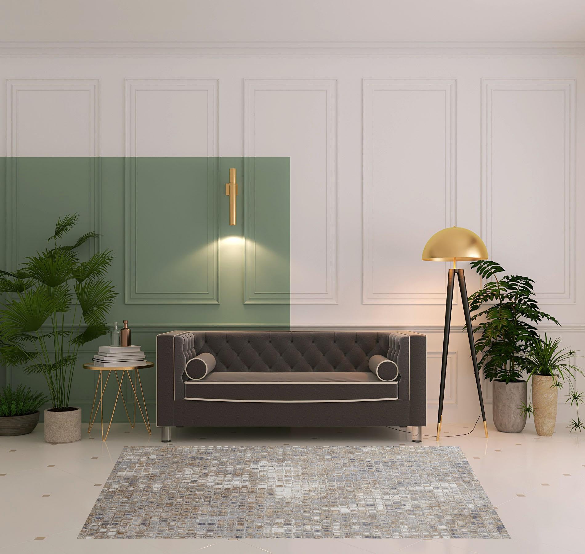 4' X 6' Tan Ivory And Blue Geometric Power Loom Distressed Area Rug