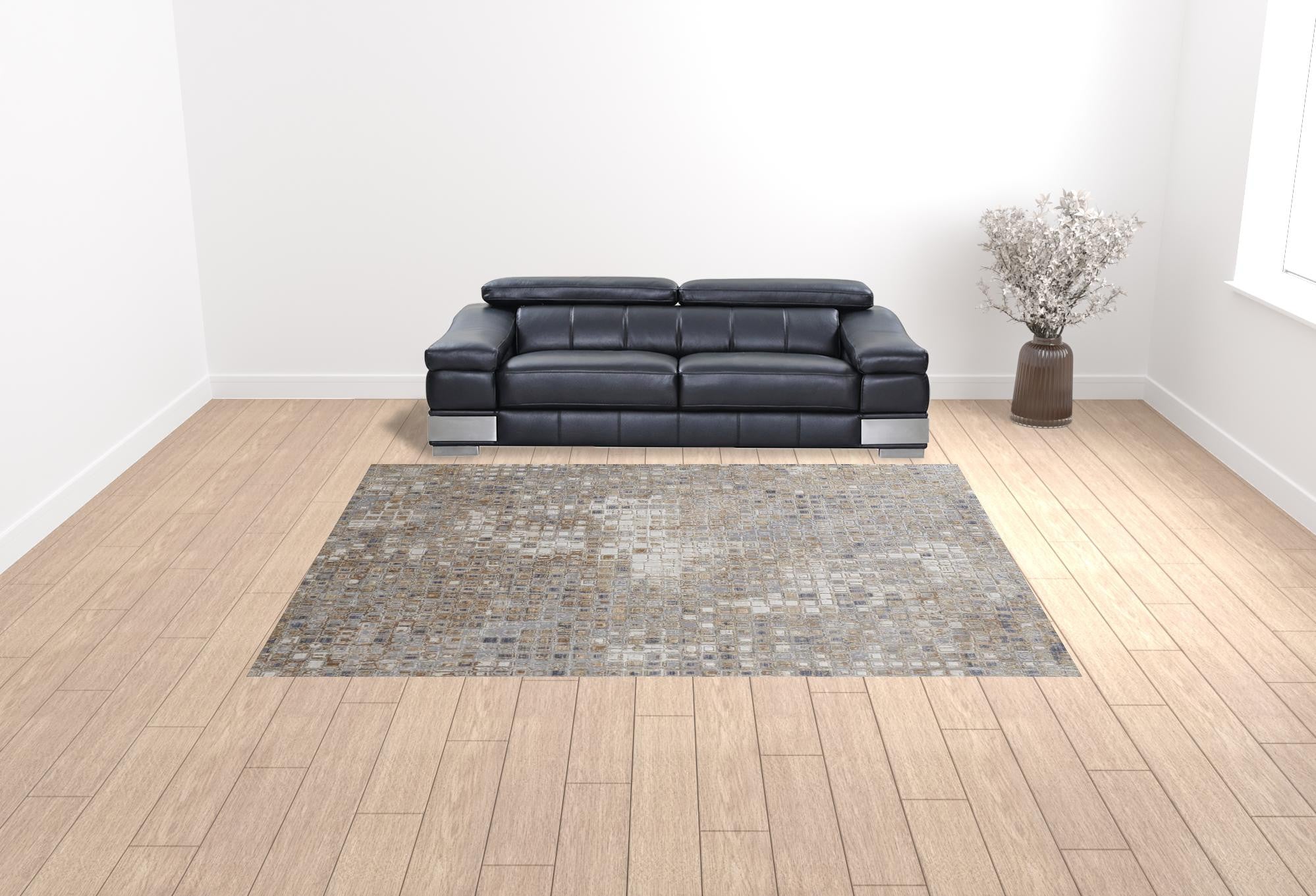 4' X 6' Tan Ivory And Blue Geometric Power Loom Distressed Area Rug