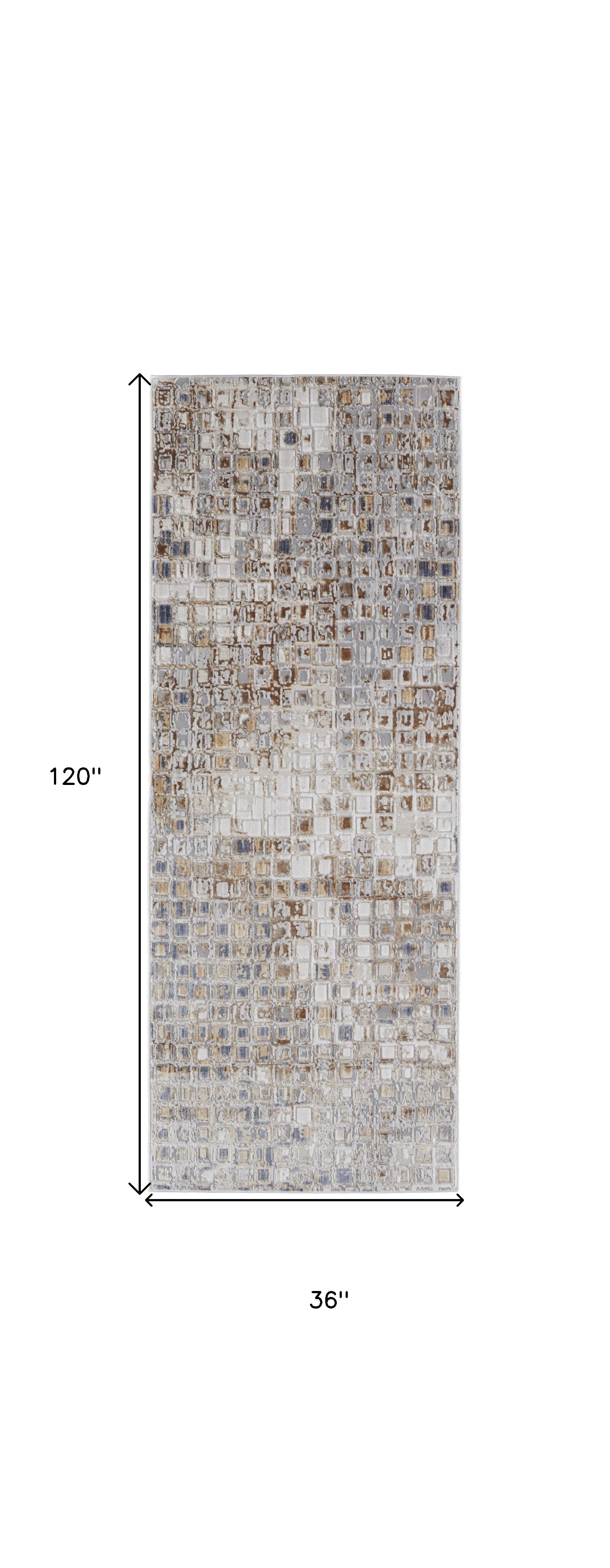 4' X 6' Tan Ivory And Blue Geometric Power Loom Distressed Area Rug