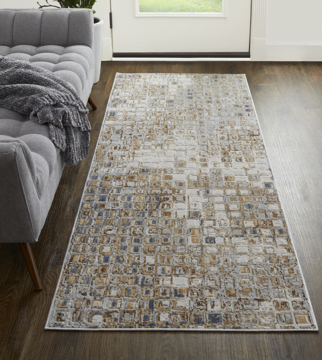 4' X 6' Tan Ivory And Blue Geometric Power Loom Distressed Area Rug