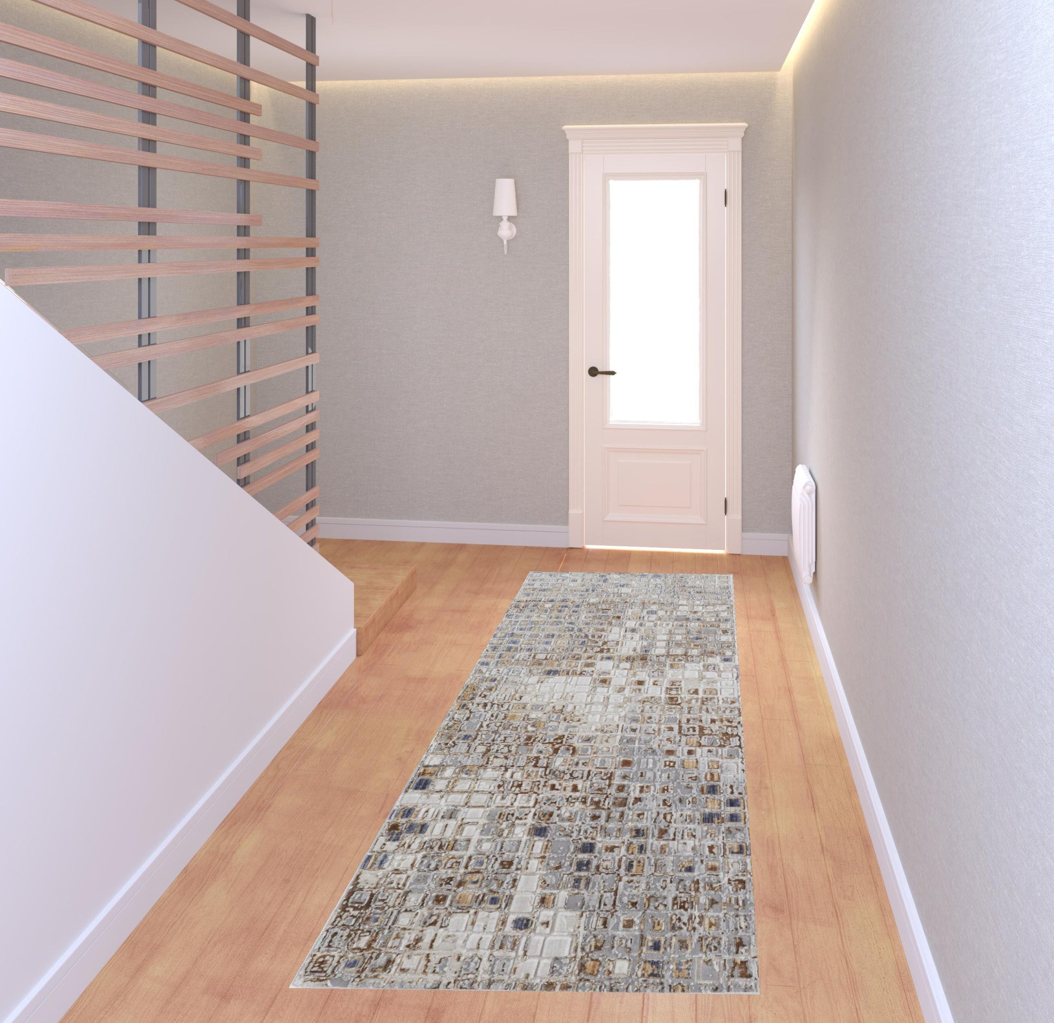 4' X 6' Tan Ivory And Blue Geometric Power Loom Distressed Area Rug