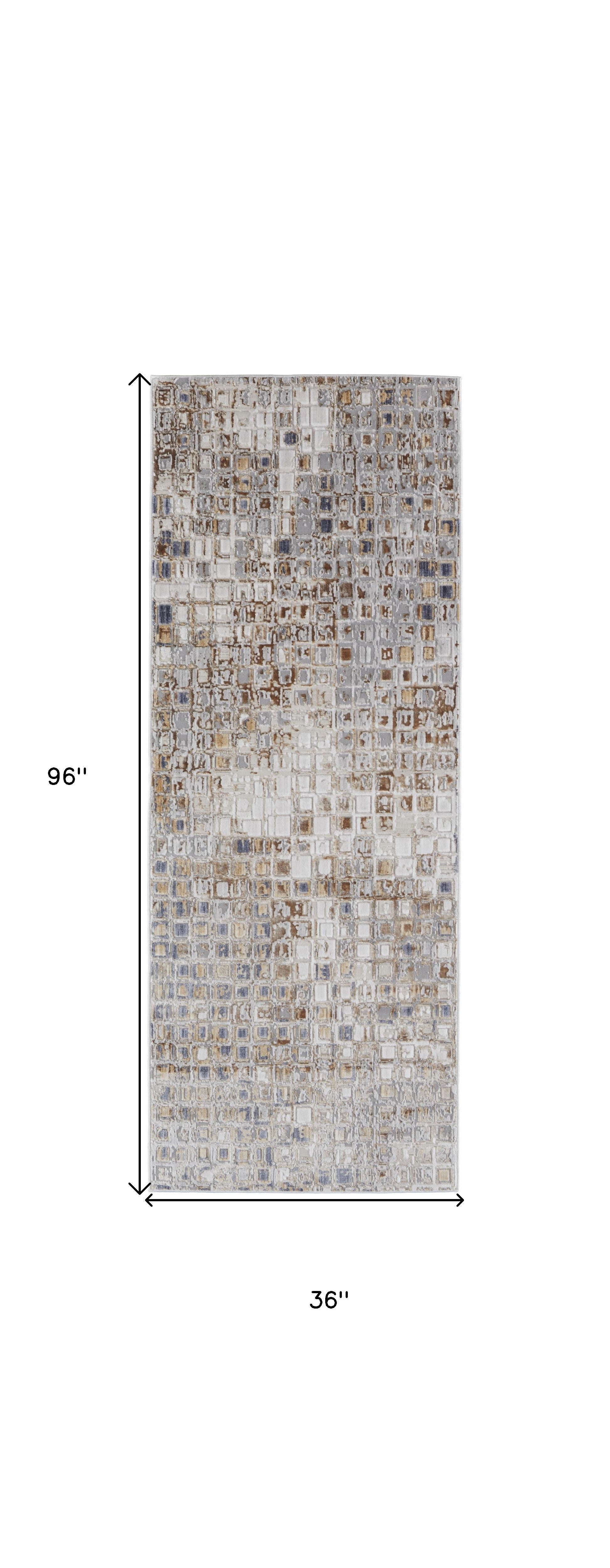 4' X 6' Tan Ivory And Blue Geometric Power Loom Distressed Area Rug