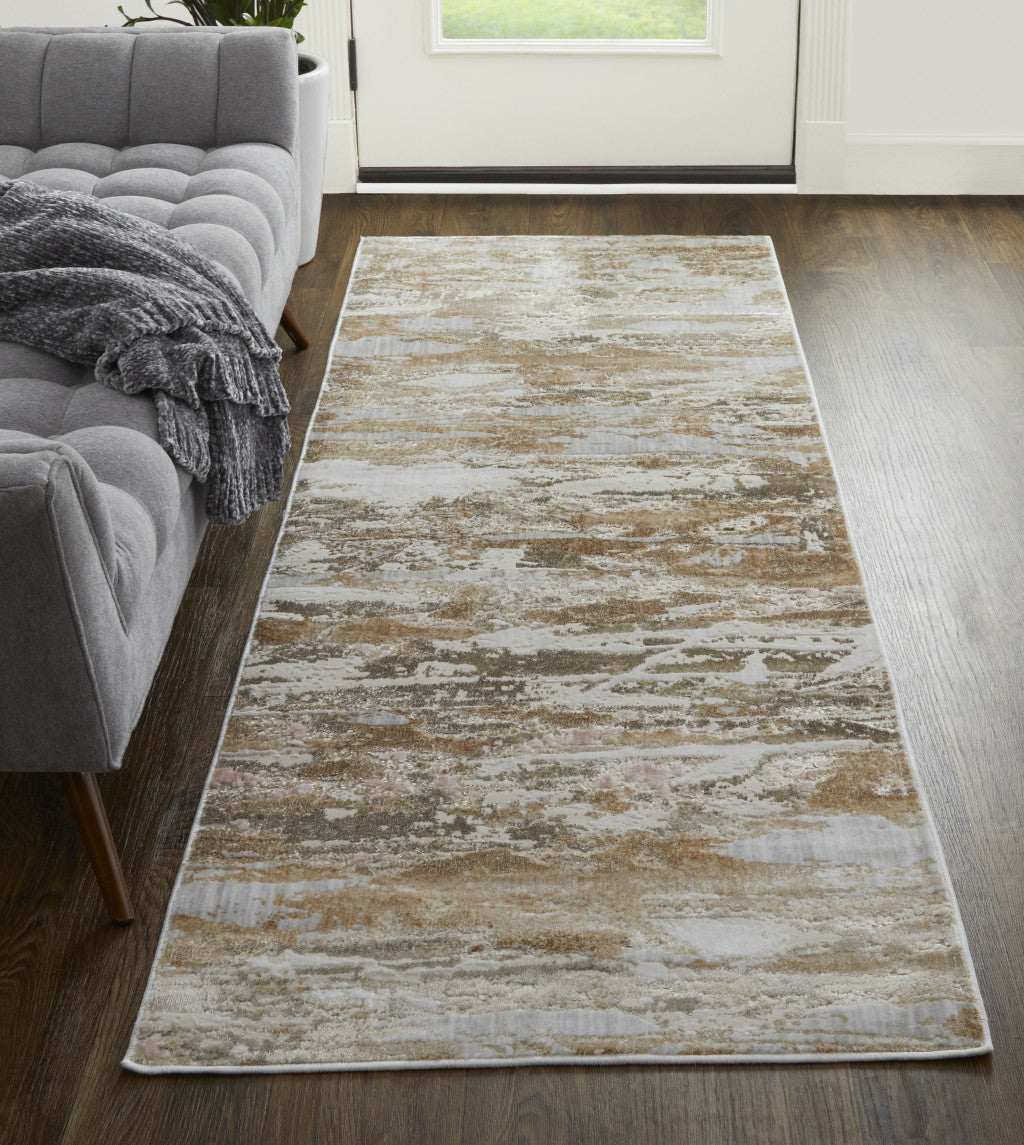 Tan Orange And Ivory Abstract Power Loom Distressed Area Rug - 4' x 6'