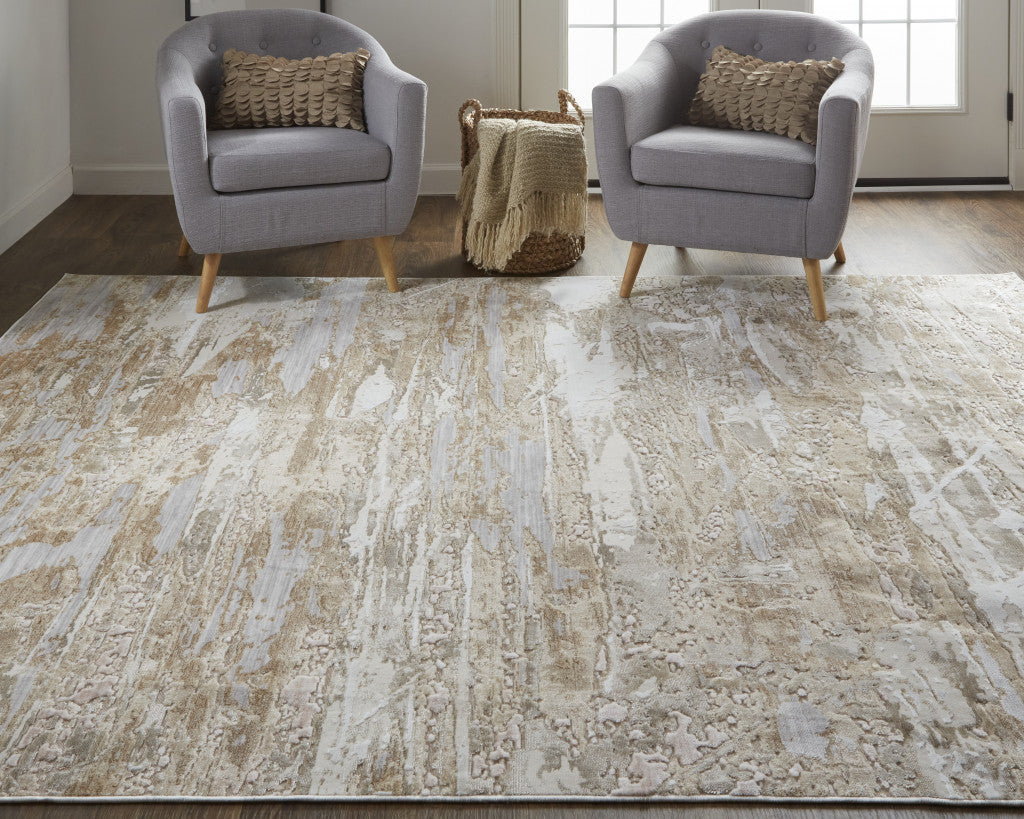 Tan Orange And Ivory Abstract Power Loom Distressed Area Rug - 4' x 6'