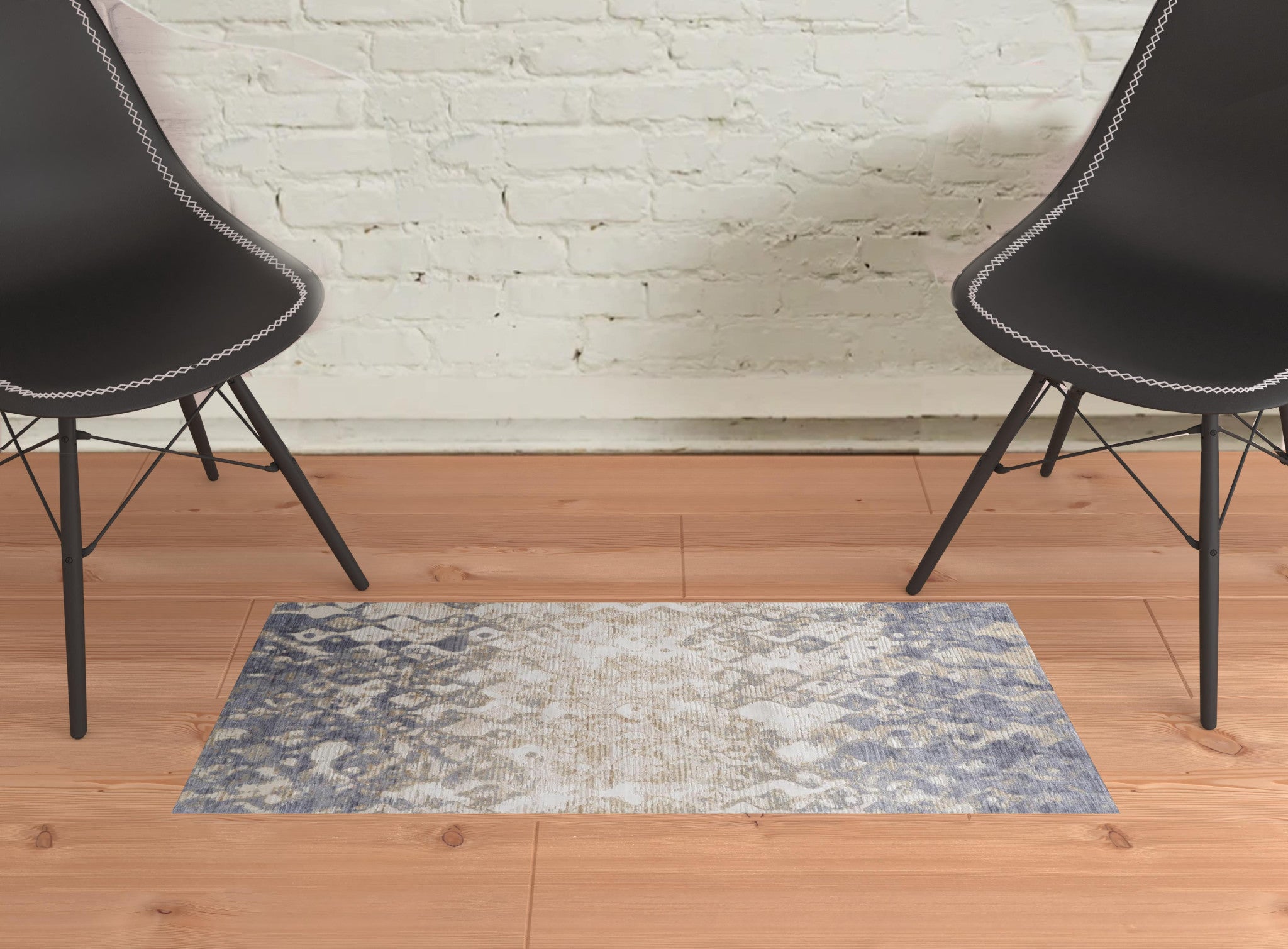 4' X 6' Tan Ivory And Blue Abstract Power Loom Distressed Area Rug