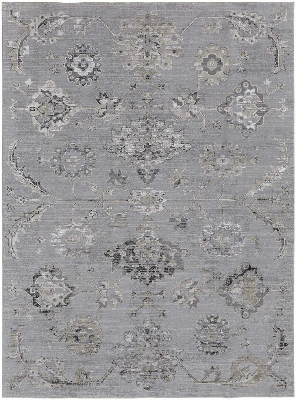 4' X 6' Silver And Black Floral Power Loom Distressed Area Rug