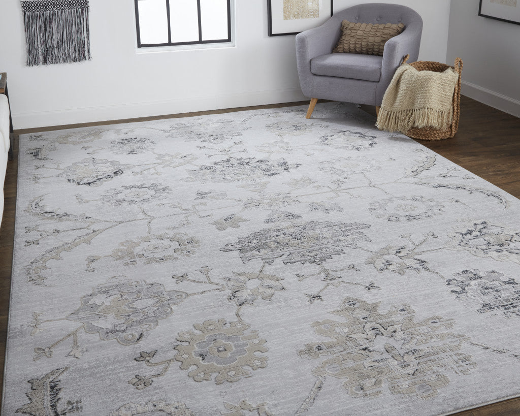 4' X 6' Silver And Black Floral Power Loom Distressed Area Rug