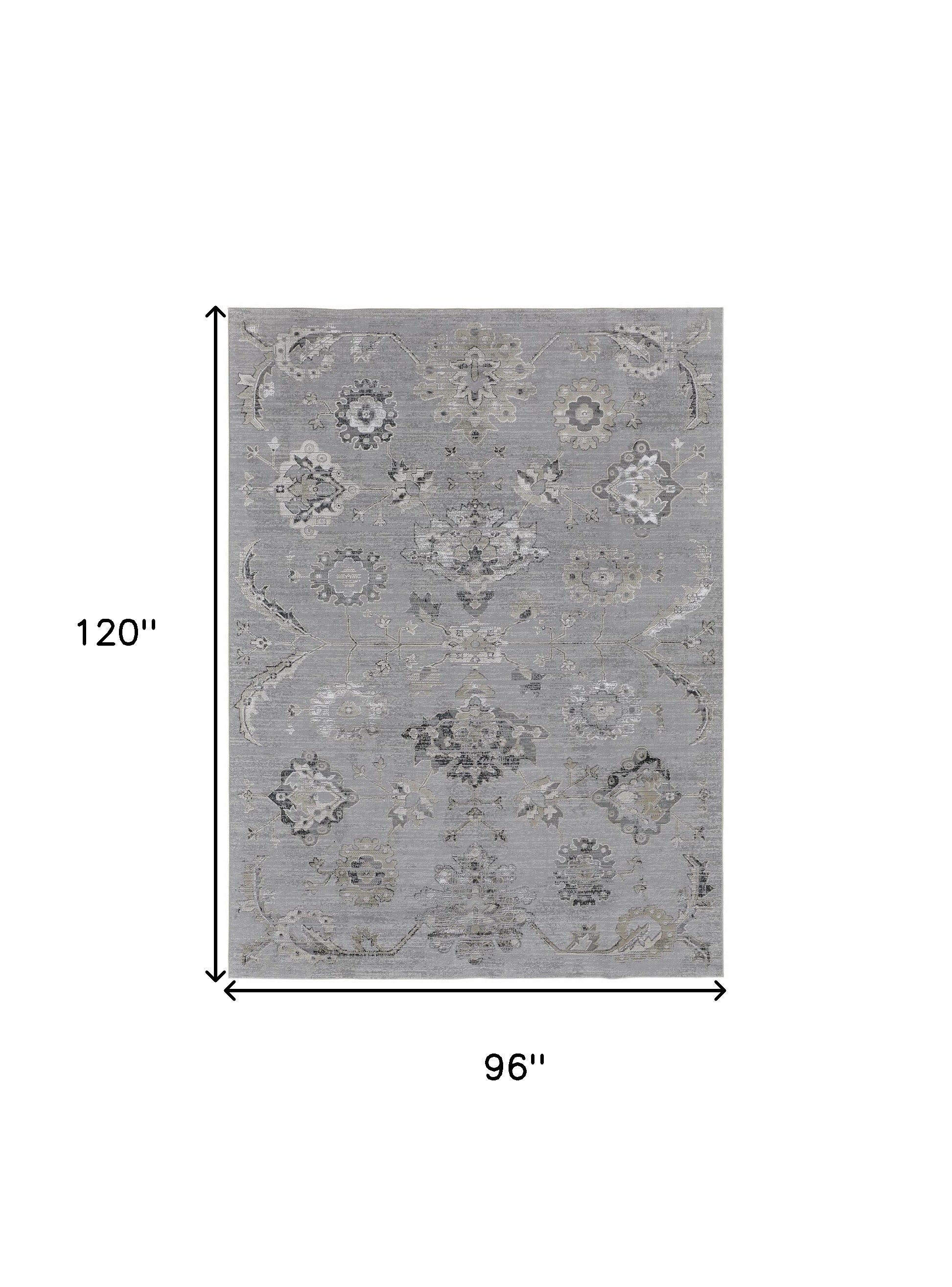 4' X 6' Silver And Black Floral Power Loom Distressed Area Rug