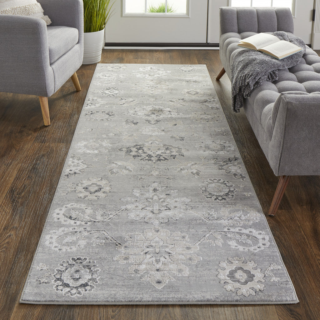 4' X 6' Silver And Black Floral Power Loom Distressed Area Rug