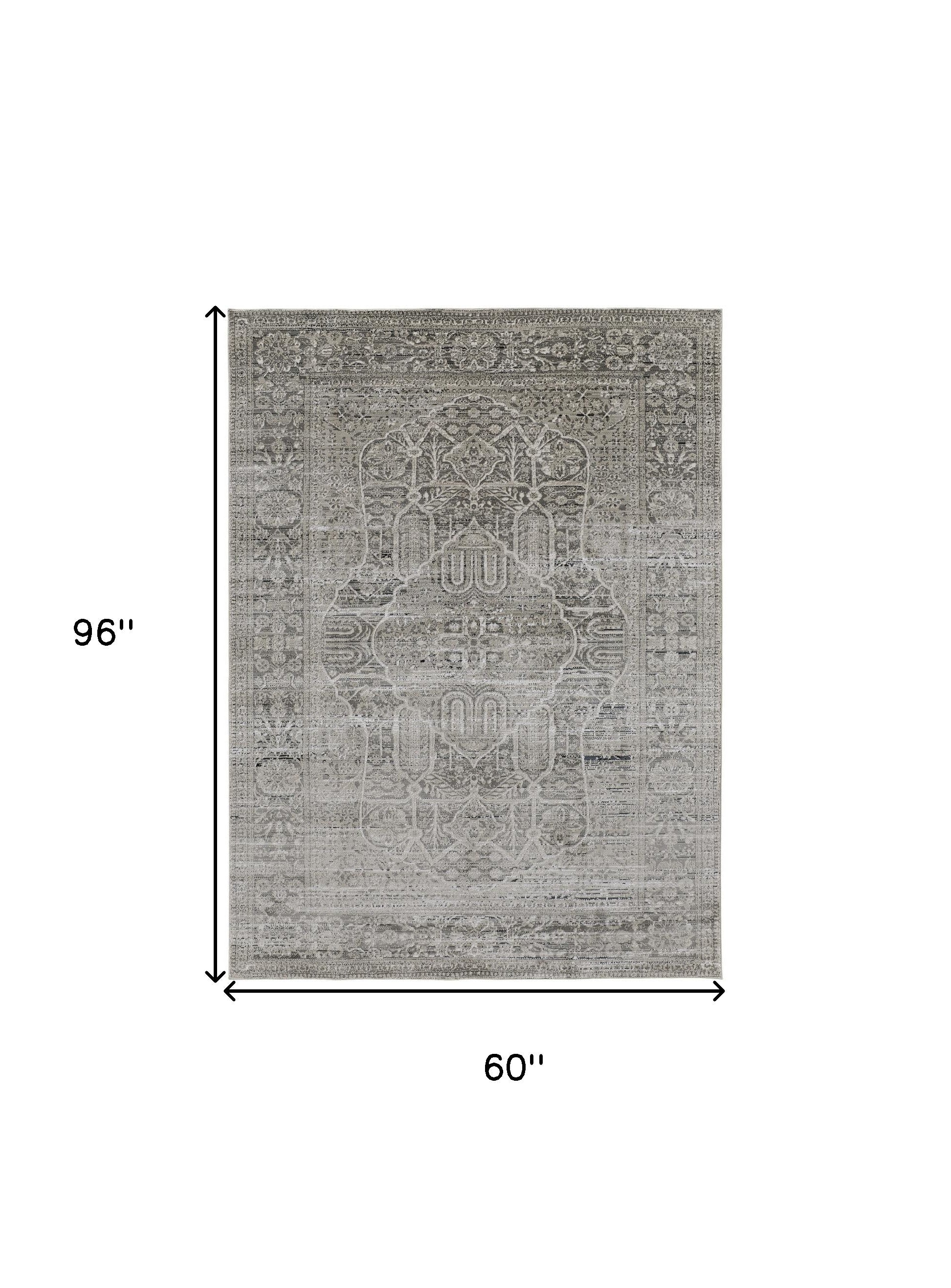 4' X 6' Gray Silver And Taupe Floral Power Loom Distressed Area Rug