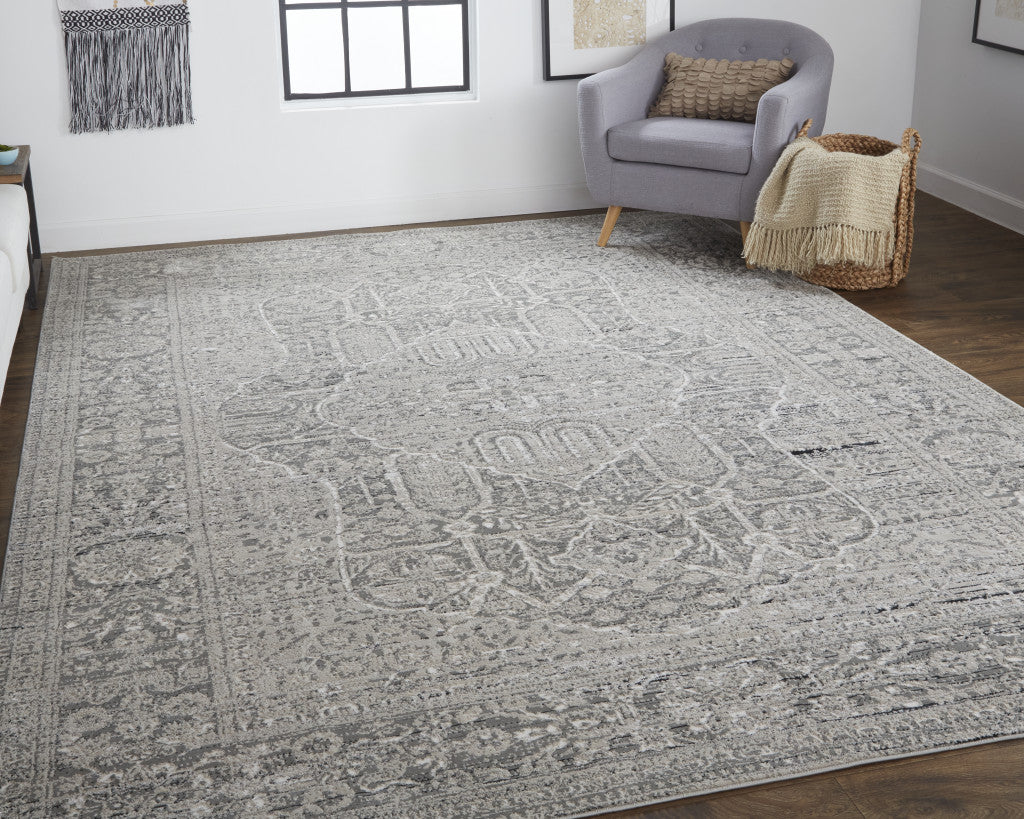 4' X 6' Gray Silver And Taupe Floral Power Loom Distressed Area Rug