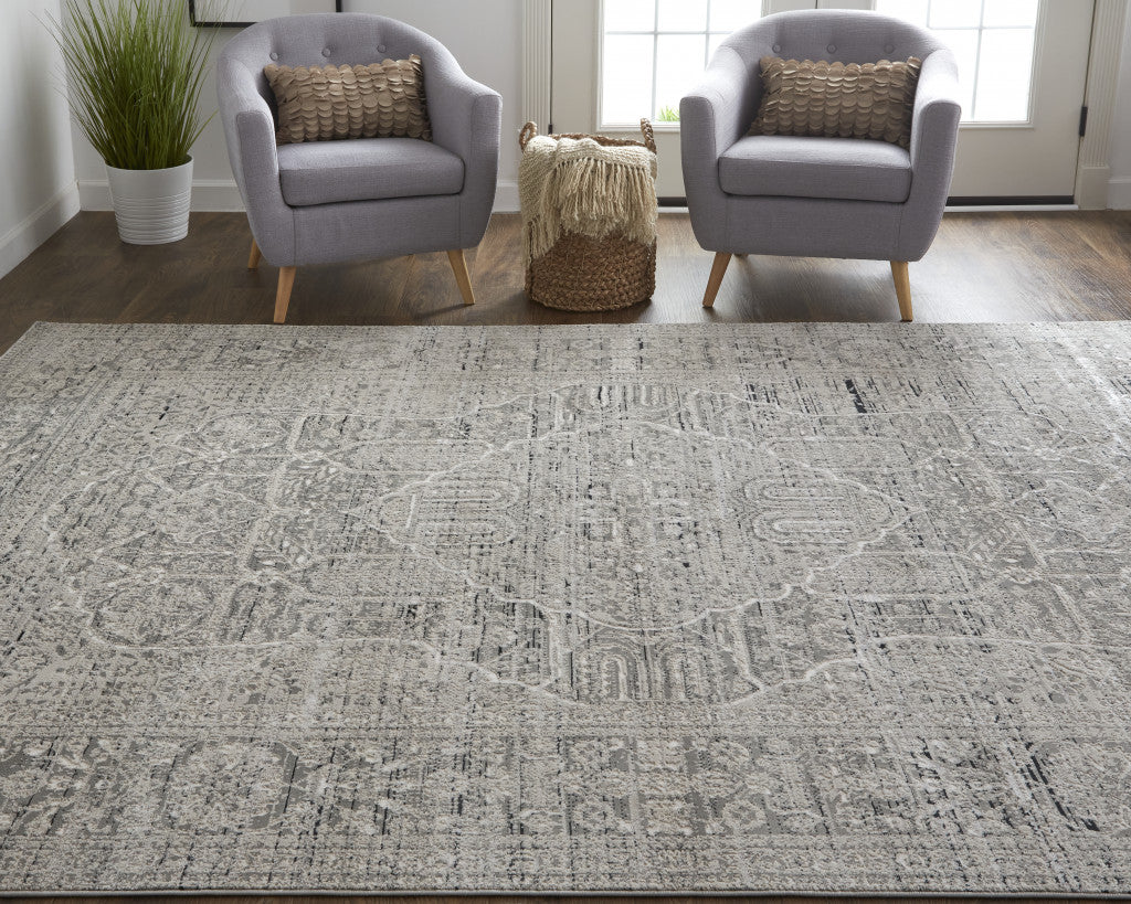 4' X 6' Gray Silver And Taupe Floral Power Loom Distressed Area Rug