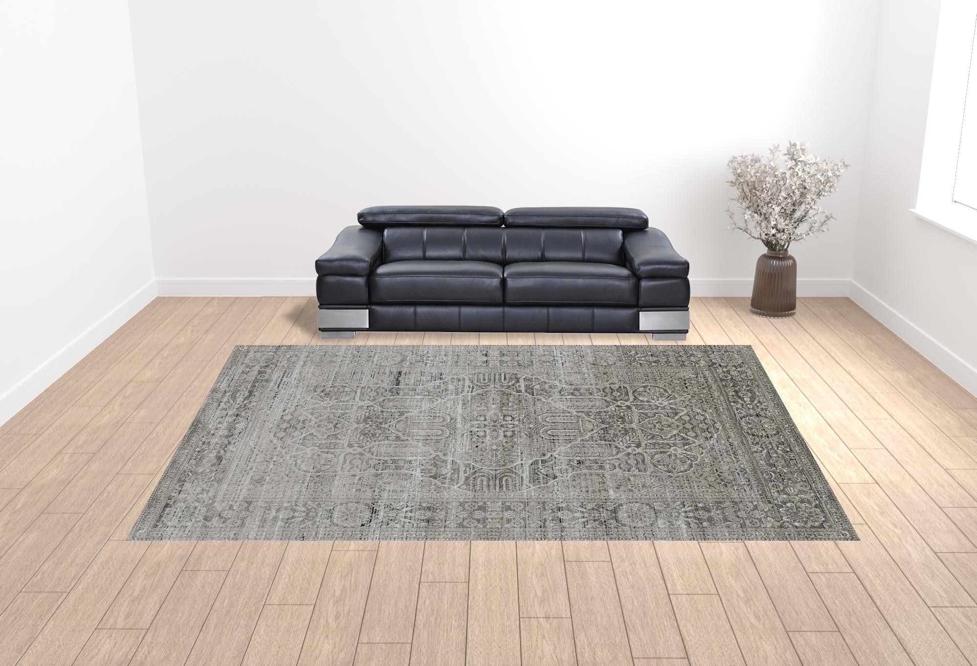 4' X 6' Gray Silver And Taupe Floral Power Loom Distressed Area Rug