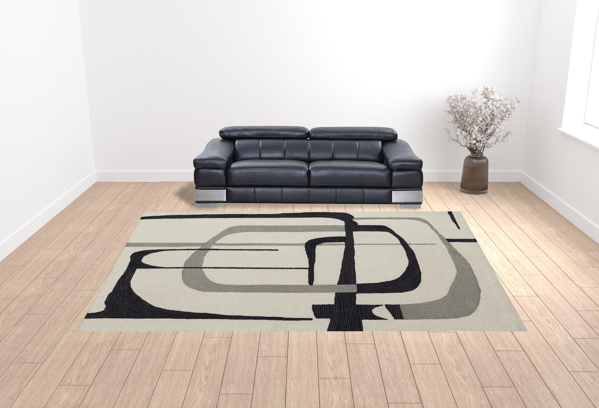 4' X 6' Ivory Gray And Black Wool Abstract Tufted Handmade Area Rug