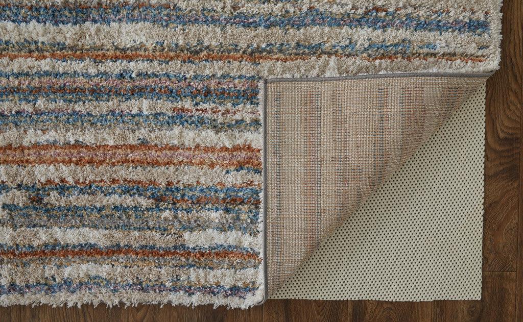 4' X 6' Ivory Blue And Orange Striped Power Loom Stain Resistant Area Rug