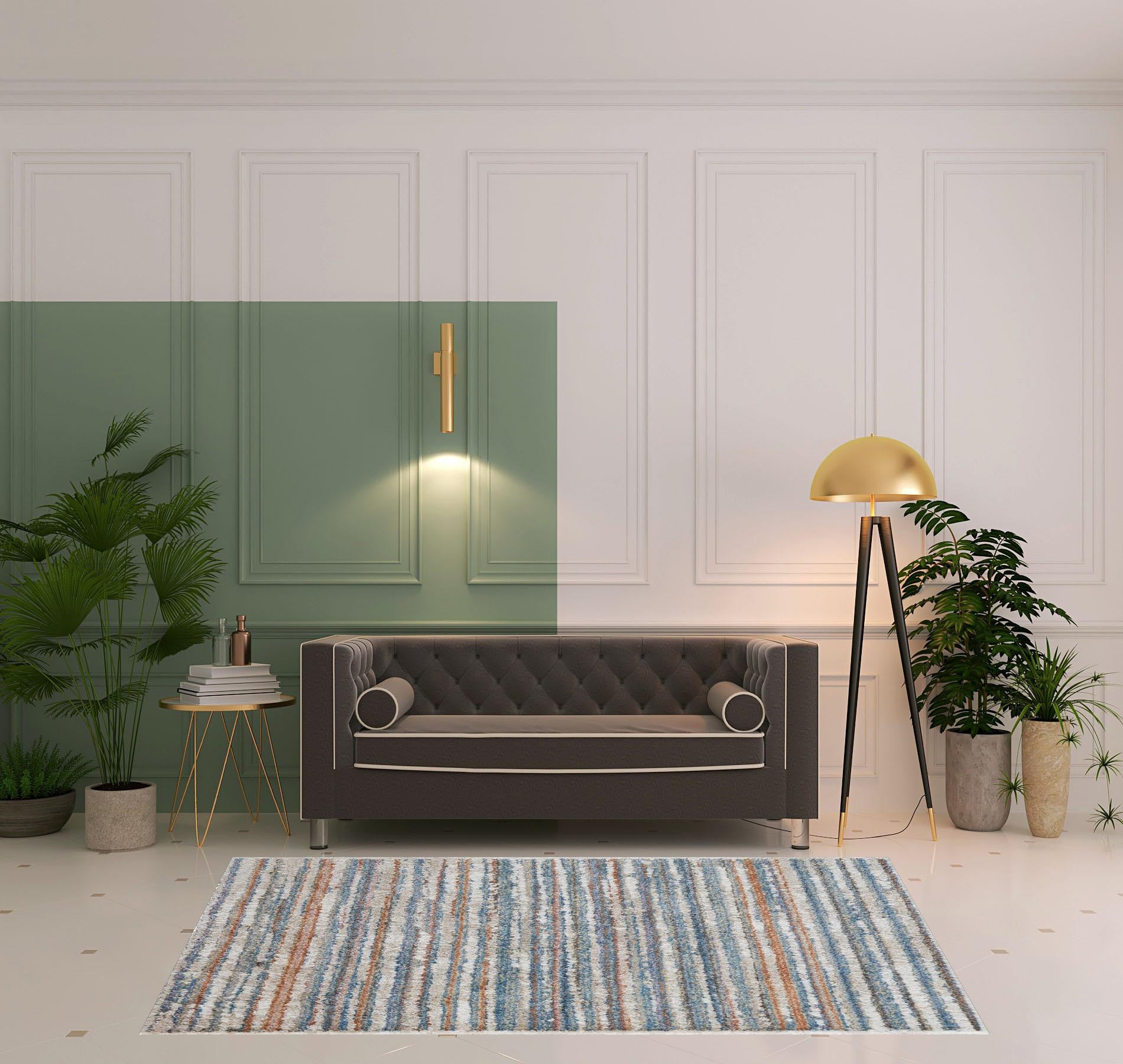 4' X 6' Ivory Blue And Orange Striped Power Loom Stain Resistant Area Rug