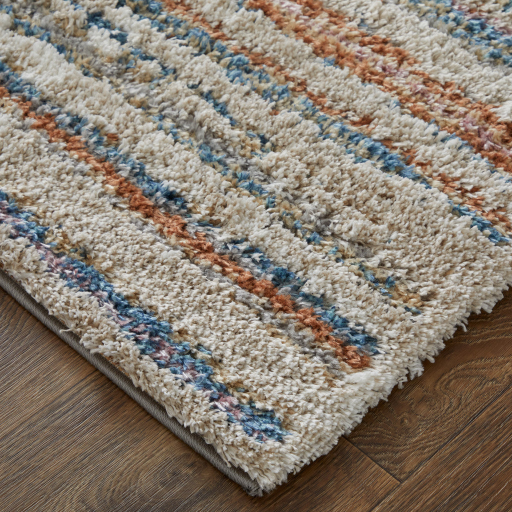 4' X 6' Ivory Blue And Orange Striped Power Loom Stain Resistant Area Rug
