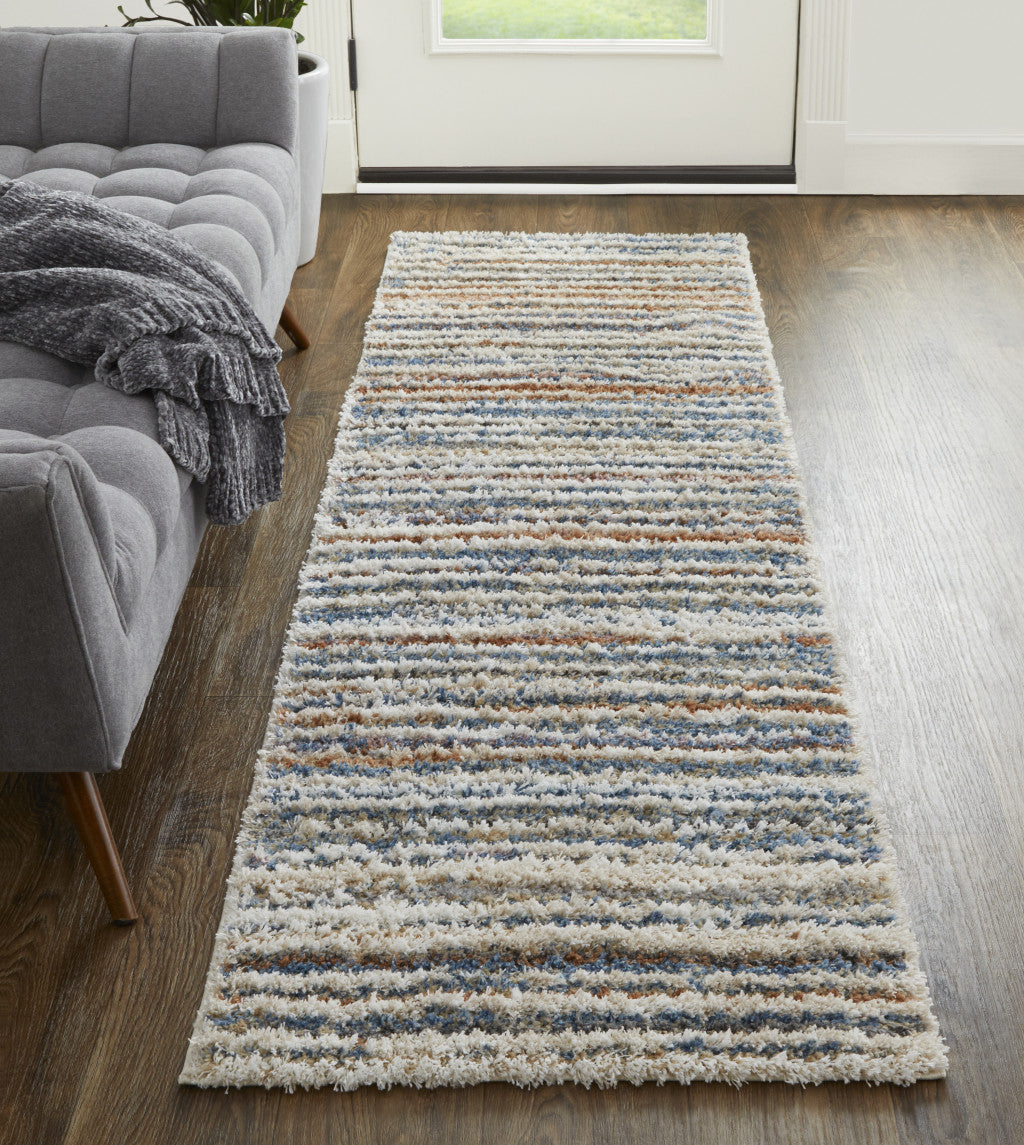 4' X 6' Ivory Blue And Orange Striped Power Loom Stain Resistant Area Rug