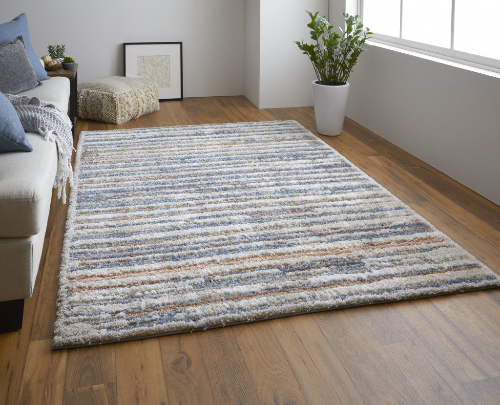 4' X 6' Ivory Blue And Orange Striped Power Loom Stain Resistant Area Rug