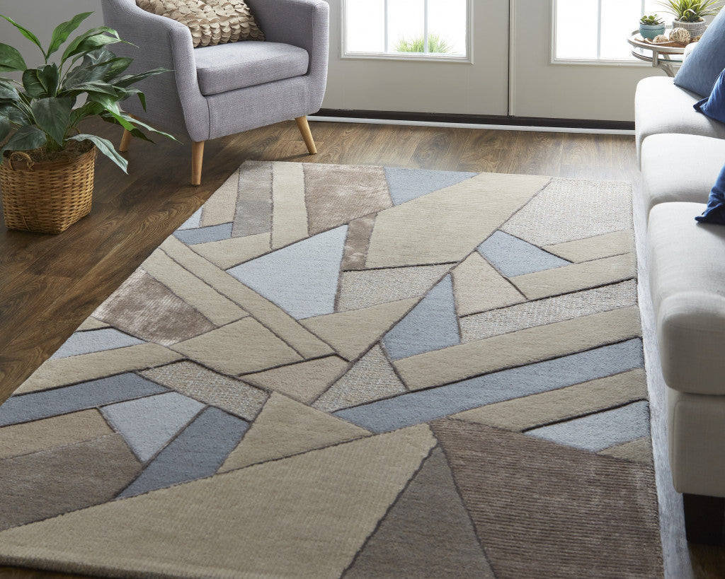 4' X 6' Tan Brown And Blue Wool Geometric Tufted Handmade Area Rug