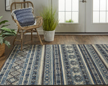 Blue Tan And Black Geometric Power Loom Distressed Stain Resistant Area Rug - 4' x 6'