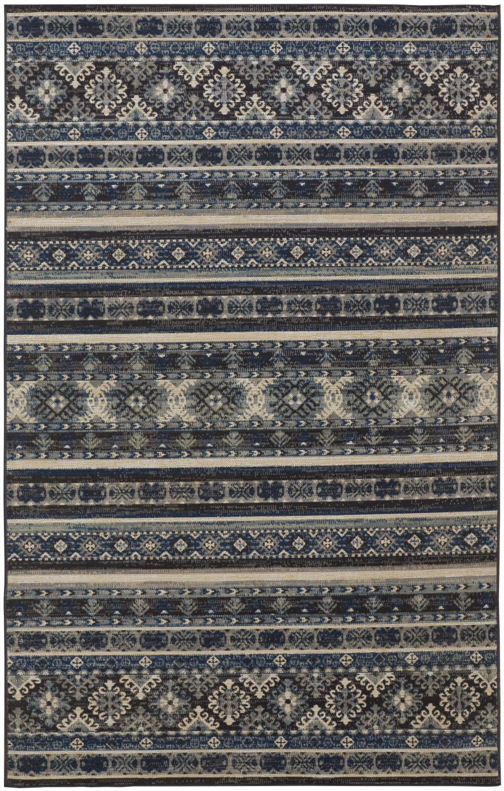 4' X 6' Blue Tan And Black Geometric Power Loom Distressed Stain Resistant Area Rug