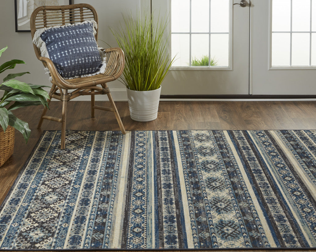 4' X 6' Blue Tan And Black Geometric Power Loom Distressed Stain Resistant Area Rug
