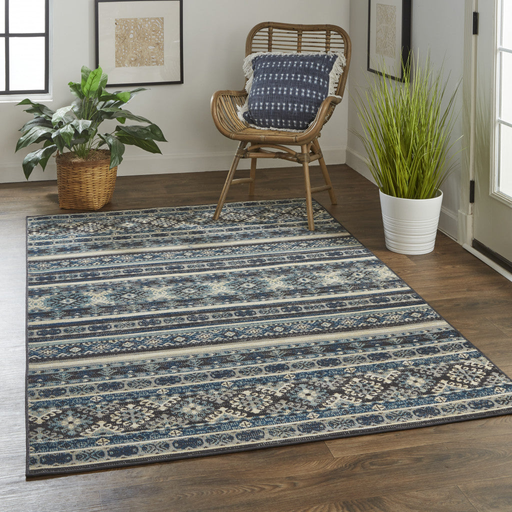 Blue Tan And Black Geometric Power Loom Distressed Stain Resistant Area Rug - 4' x 6'