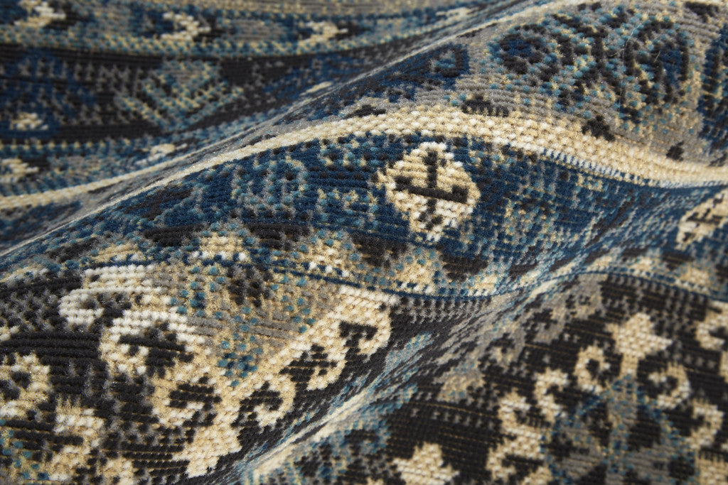 Blue Tan And Black Geometric Power Loom Distressed Stain Resistant Area Rug - 4' x 6'