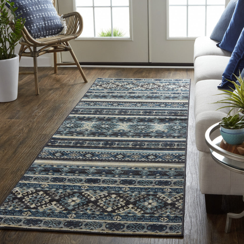Blue Tan And Black Geometric Power Loom Distressed Stain Resistant Area Rug - 4' x 6'