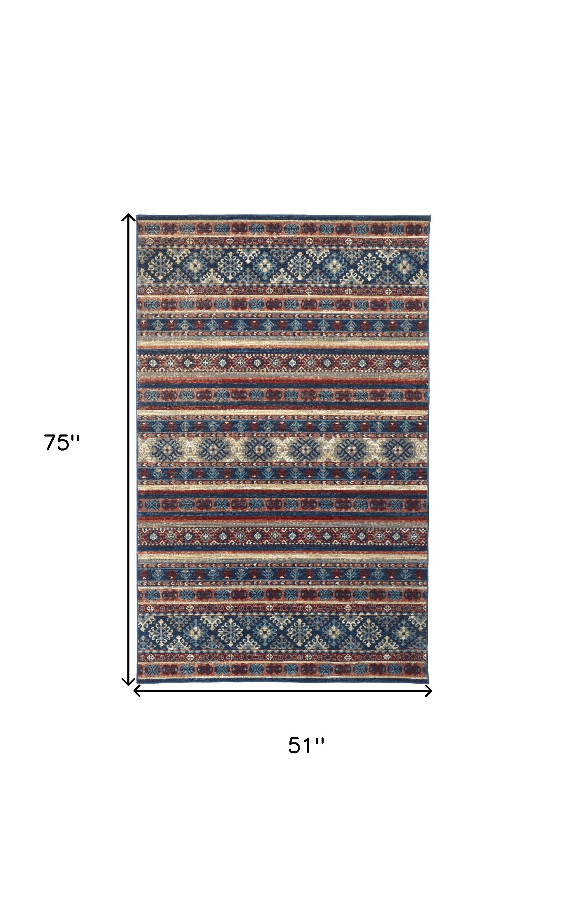 Blue Tan And Black Geometric Power Loom Distressed Stain Resistant Area Rug - 4' x 6'