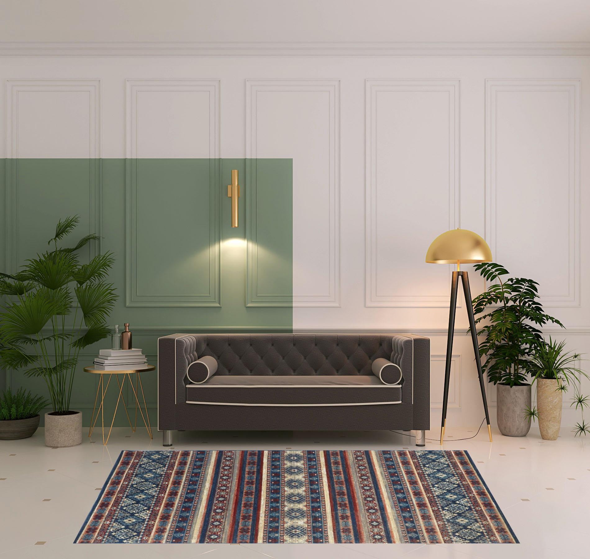 Blue Tan And Black Geometric Power Loom Distressed Stain Resistant Area Rug - 4' x 6'