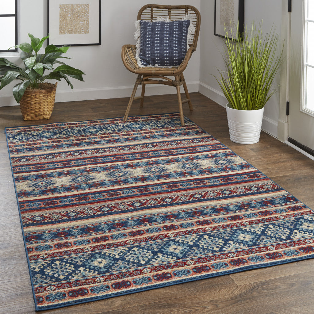 Blue Tan And Black Geometric Power Loom Distressed Stain Resistant Area Rug - 4' x 6'